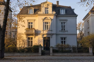 Berliner Stadthaus aus der Zeit um 1910: Die linke Hälfte der Fassade liegt in warmer Abendsonne, die rechte im kühlen Schatten.