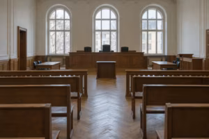Leerer Sitzungssaal eines Gerichts mit Holzbänken für Zuhörer, einem erhöhten Richtertisch mit drei leeren Stühlen und hohen Rundbogenfenstern.