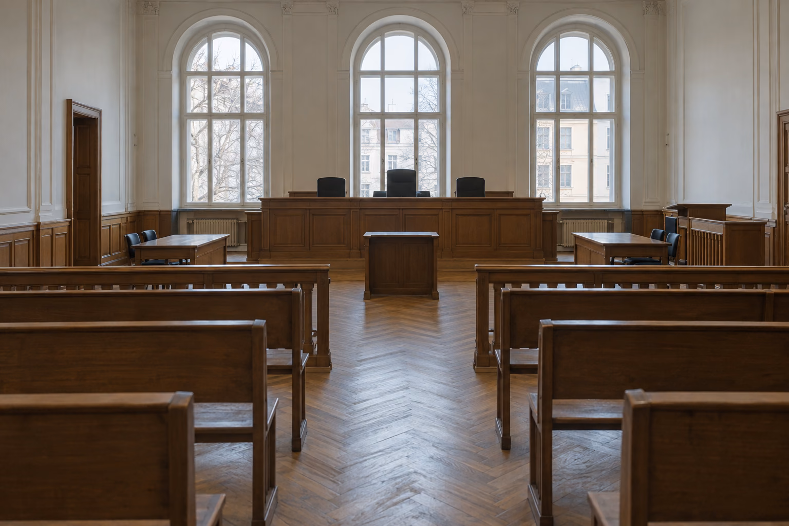 Leerer Sitzungssaal eines Gerichts mit Holzbänken für Zuhörer, einem erhöhten Richtertisch mit drei leeren Stühlen und hohen Rundbogenfenstern.