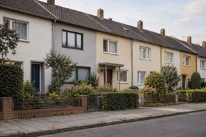 Zeile aus fast gleichen Reihenhäusern in einer ruhigen Wohnstraße. Die Häuser unterscheiden sich in Haustüren, Fenstern, Fassadenfarbe und Vorgärten.