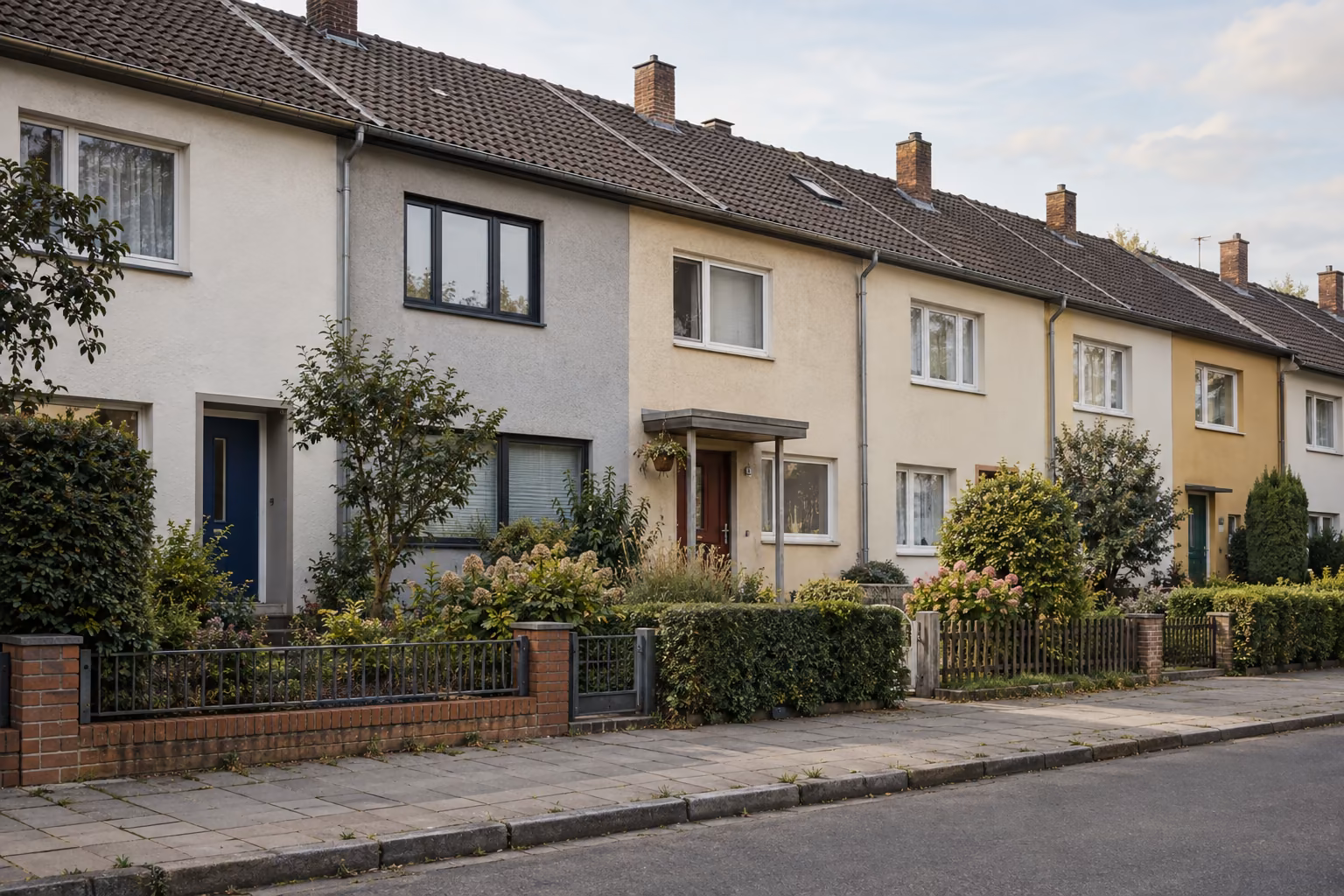 Zeile aus fast gleichen Reihenhäusern in einer ruhigen Wohnstraße. Die Häuser unterscheiden sich in Haustüren, Fenstern, Fassadenfarbe und Vorgärten.
