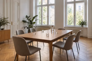 Großer Besprechungstisch mit sechs leeren Stühlen in einem hellen Altbaubüro.