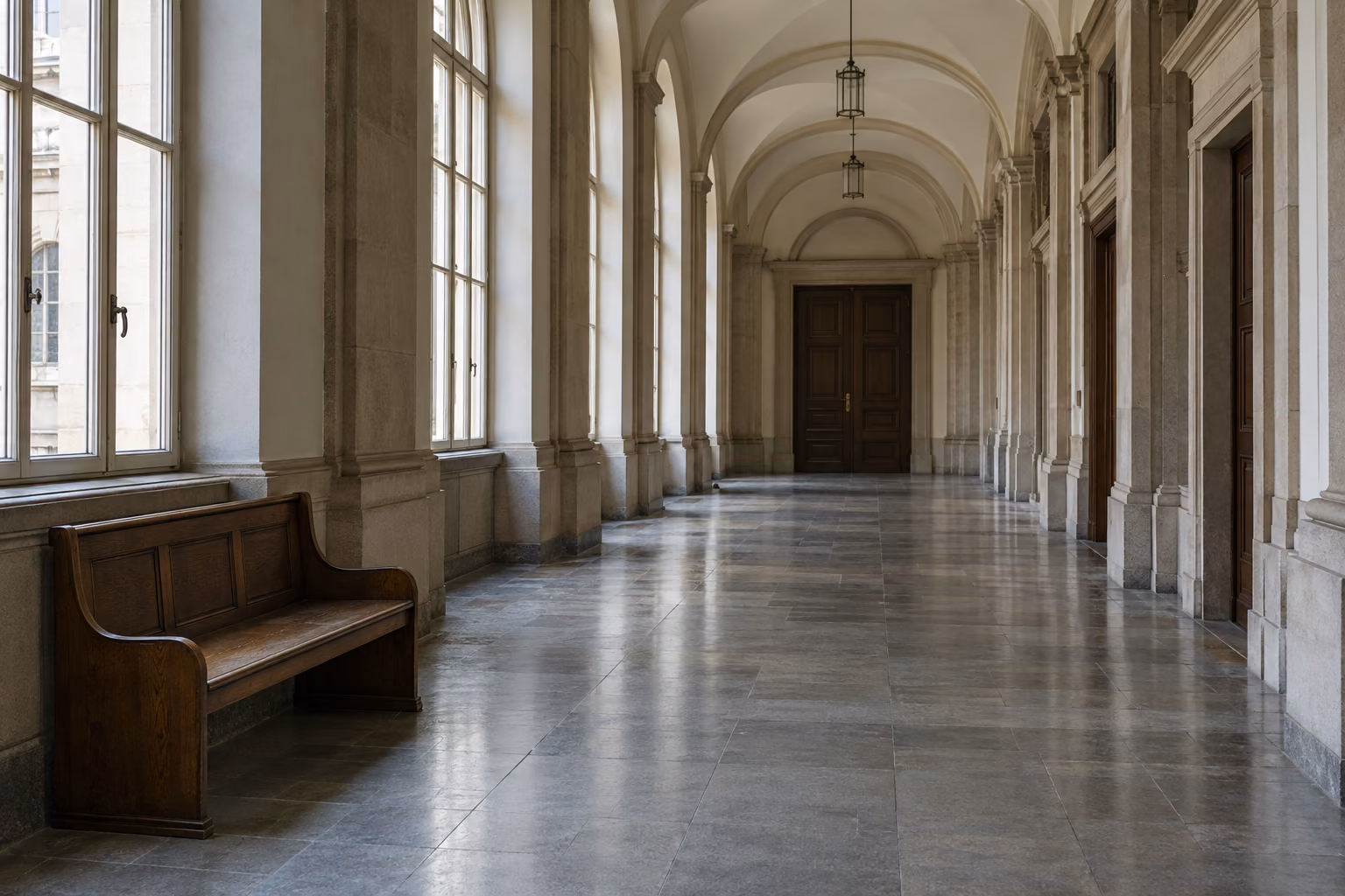 Langer, heller Flur in einem alten Gerichtsgebäude mit hohen Fenstern und einer leeren Holzbank.