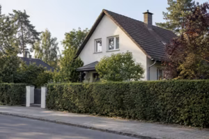 Einfamilienhaus mit hellem Putz hinter einer geschnittenen Hecke an einer ruhigen Wohnstraße.