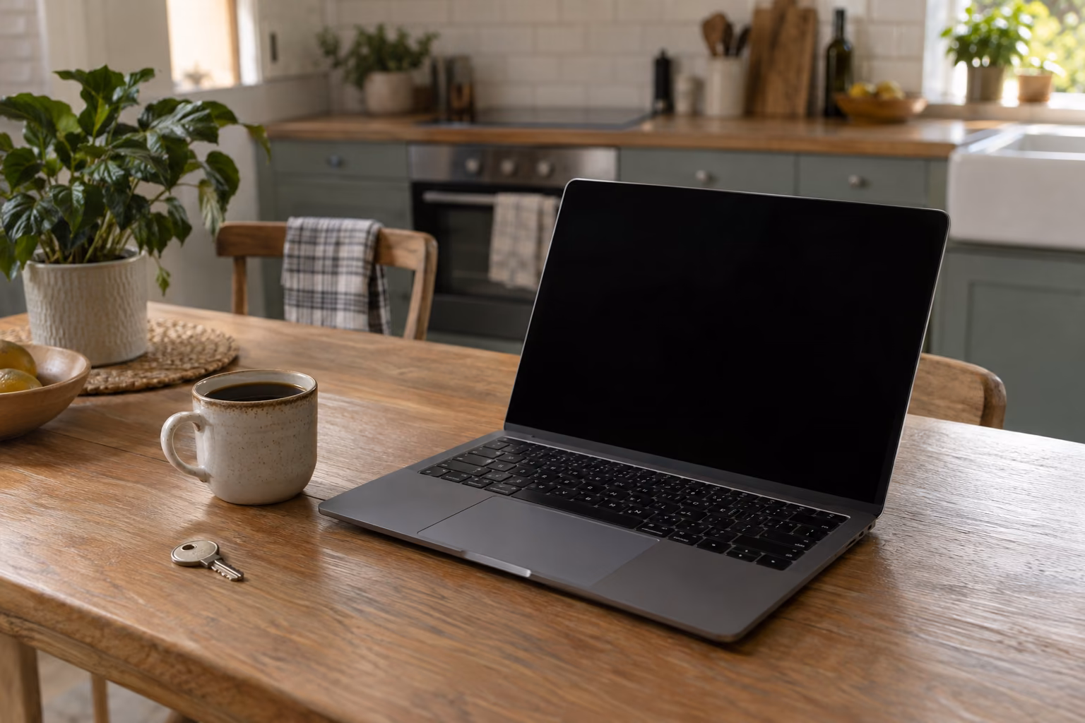 Aufgeklappter Laptop mit dunklem Bildschirm auf einem Küchentisch, daneben eine Kaffeetasse und ein Hausschlüssel.