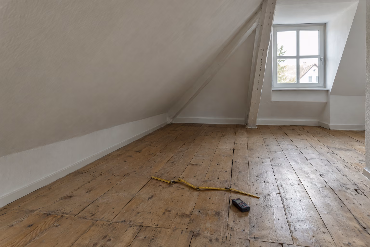 Leeres Dachzimmer mit Dielenboden und steiler Dachschräge. Auf dem Boden liegen ein aufgeklappter Zollstock und ein Laser-Entfernungsmesser.