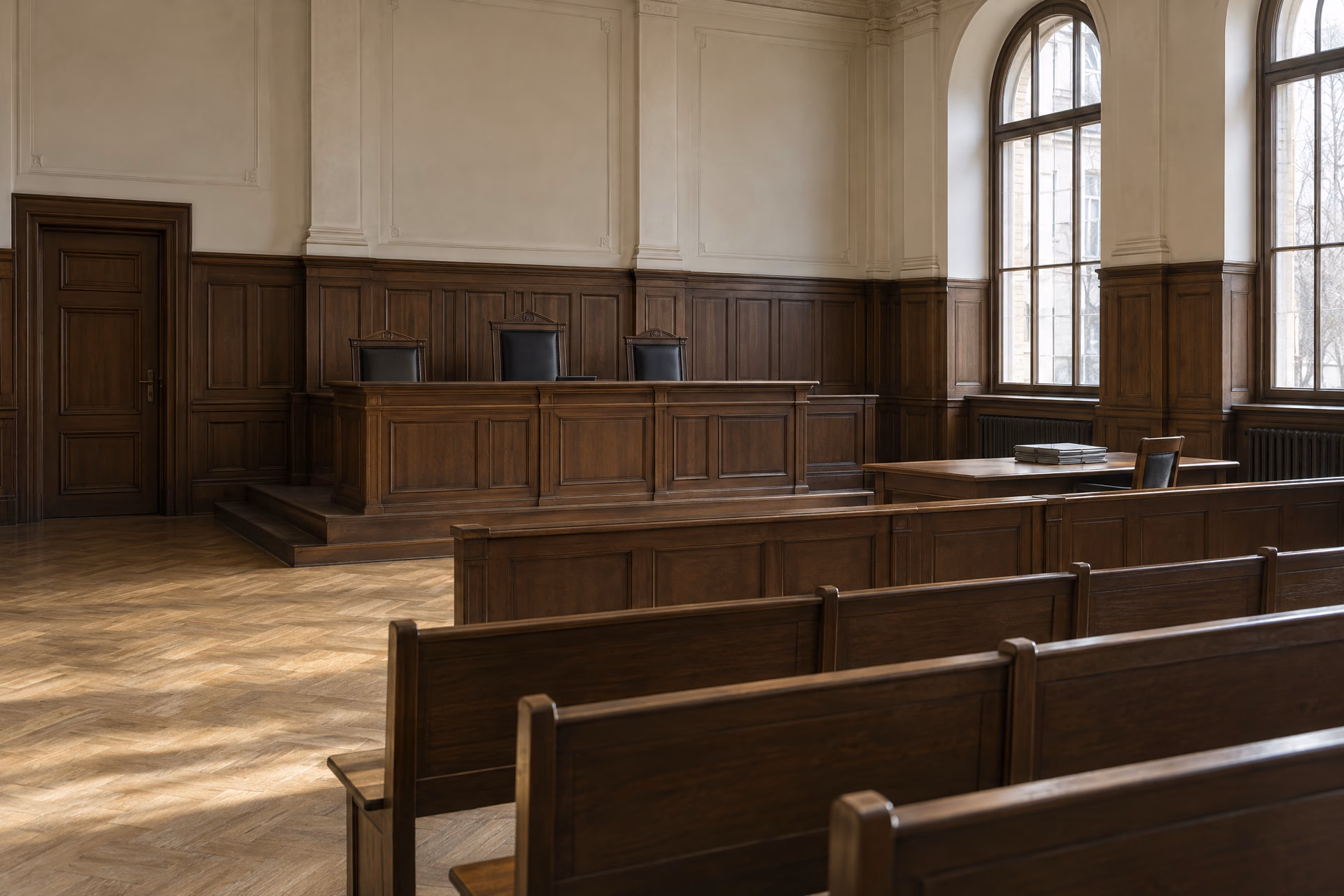 Leerer Sitzungssaal in einem historischen Berliner Gerichtsgebäude mit Richterbank, Holzvertäfelung und hohen Bogenfenstern.