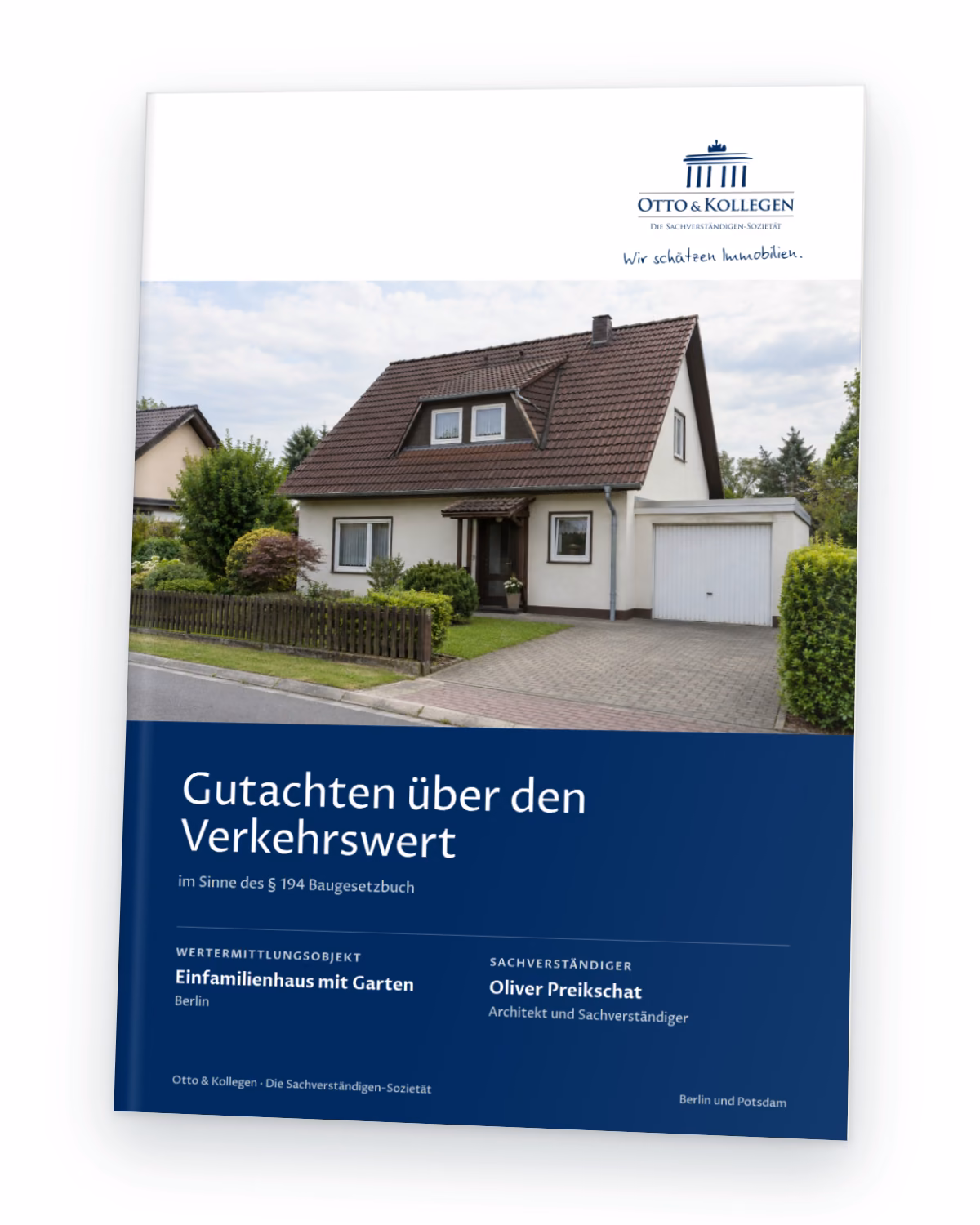 Deckblatt eines Verkehrswertgutachtens von Otto & Kollegen mit dem Foto eines Einfamilienhauses