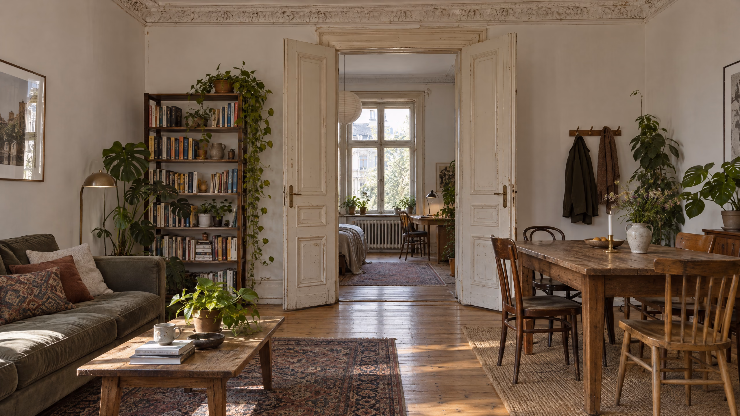 Illustratives Wohnzimmer derselben vermieteten Altbauwohnung: Sofa, Bücherregal und Esstisch des Mieters, offene Flügeltüren ins Nebenzimmer.