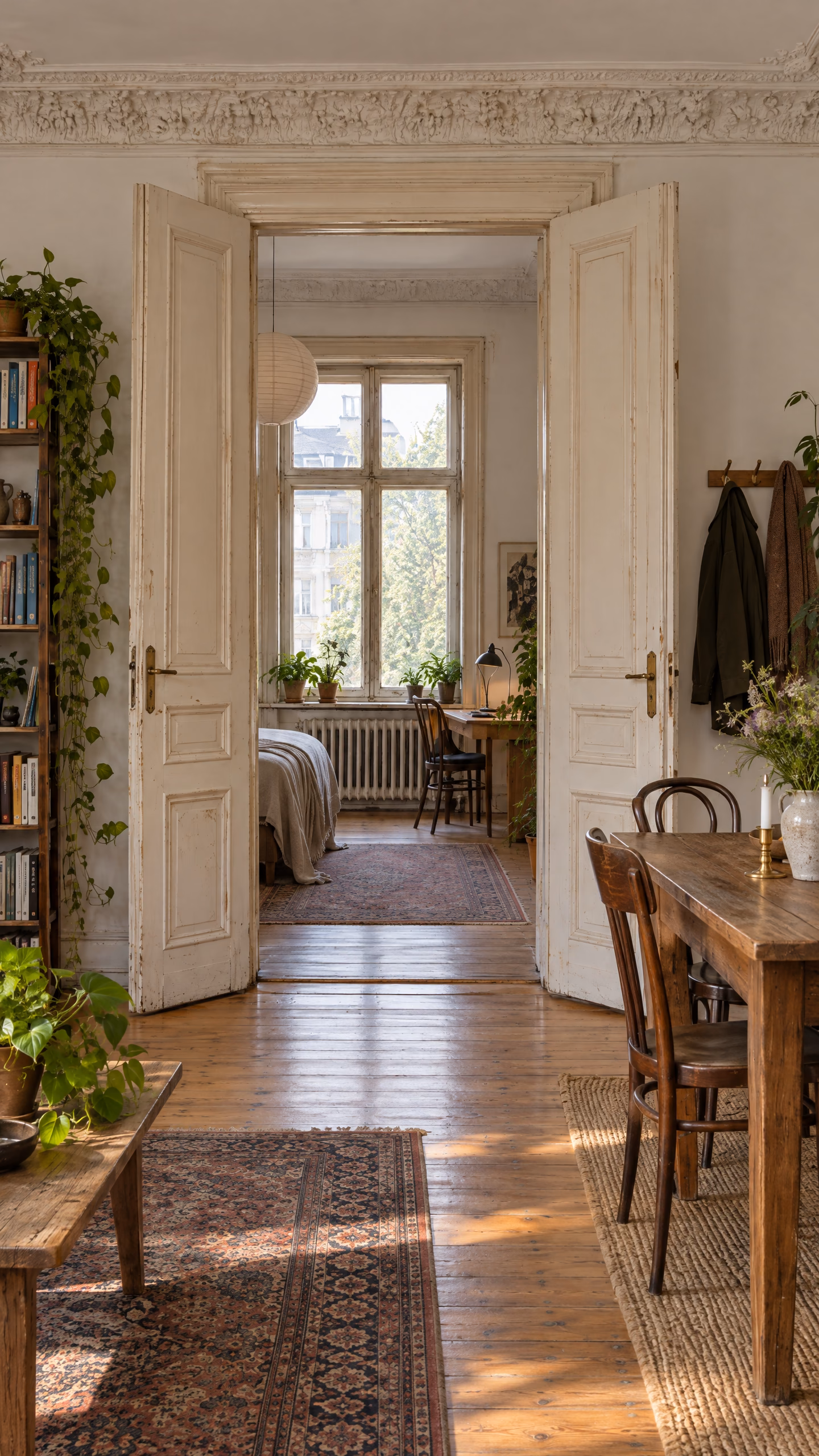 Dasselbe illustrative Wohnzimmer im Hochformat: offene Flügeltüren ins Nebenzimmer, Esstisch, Garderobe und Pflanzen des Mieters.