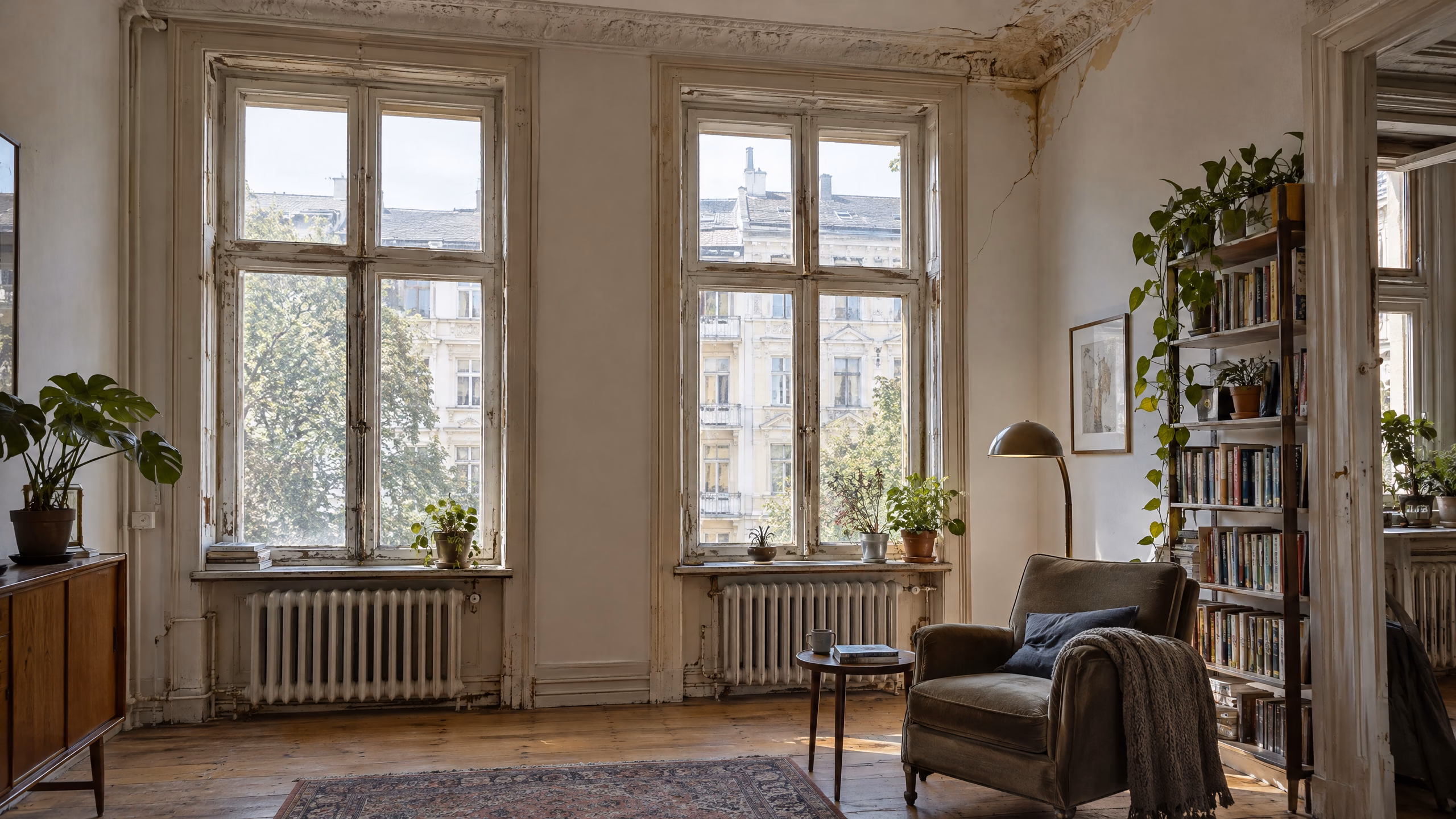 Illustratives Zimmer einer vermieteten Altbauwohnung: hohe Kastenfenster mit abblätternder Farbe, ein Wasserfleck und ein Riss an der Stuckdecke, alte Heizkörper und abgenutzte Dielen.