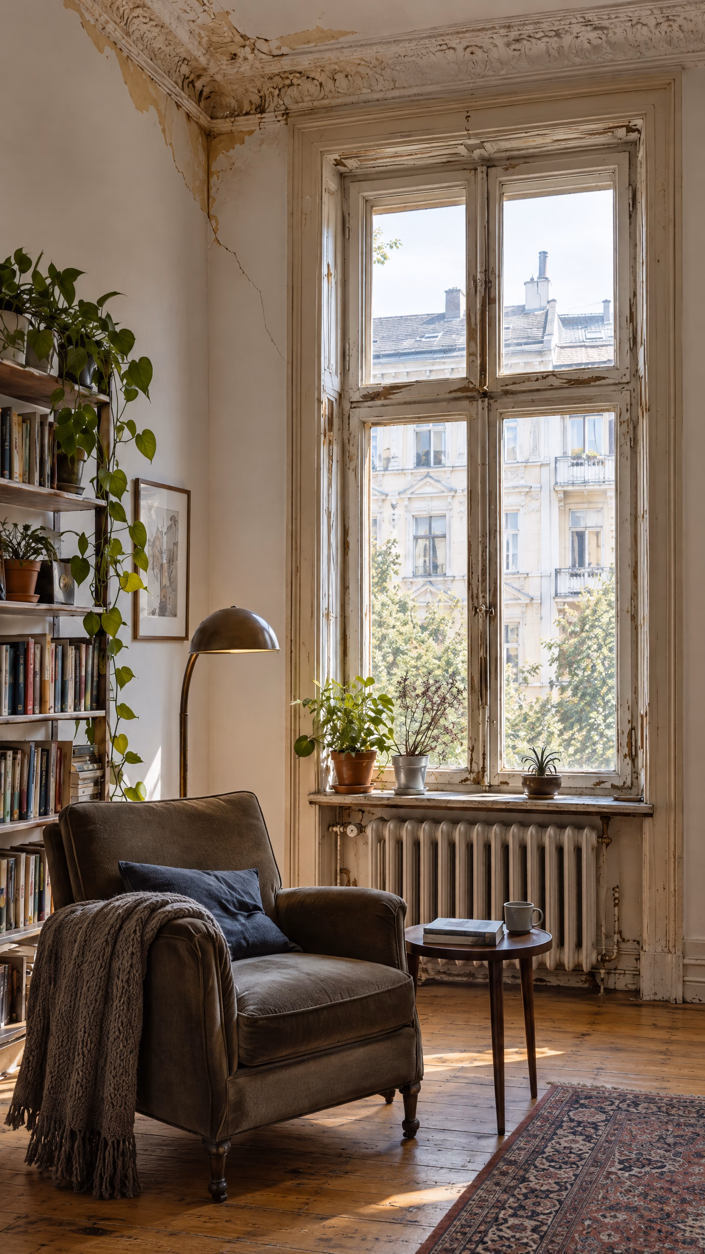 Dasselbe illustrative Altbauzimmer im Hochformat: Kastenfenster mit abblätternder Farbe, Wasserfleck und Riss an der Decke, alter Heizkörper und der Sessel des Mieters.