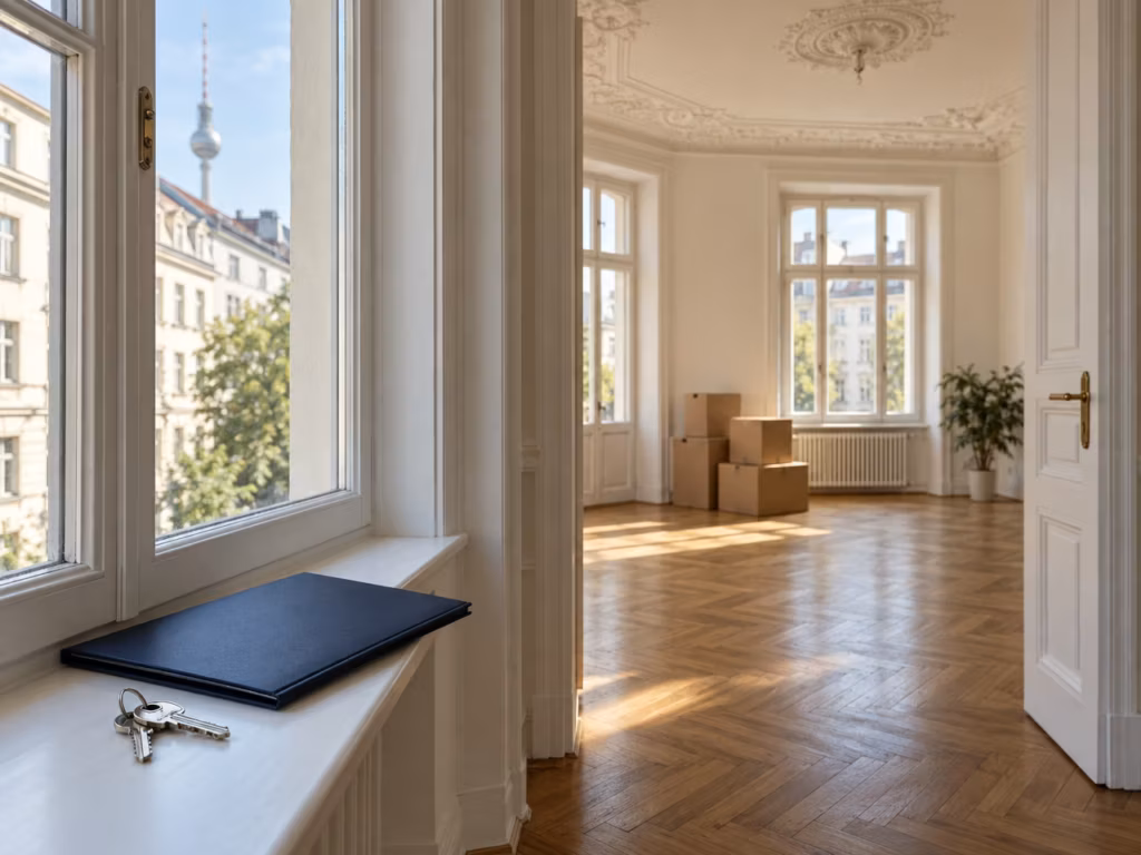 Leere Altbauwohnung mit Umzugskartons, Schlüssel und Mappe auf der Fensterbank