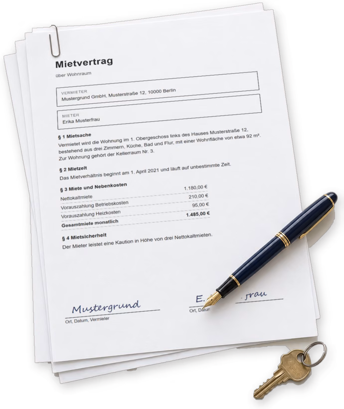 Mietvertrag mit Füller und Wohnungsschlüssel