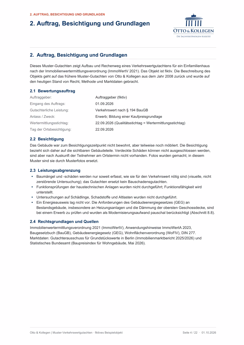 Seite Auftrag, Besichtigung und Grundlagen des Mustergutachtens.