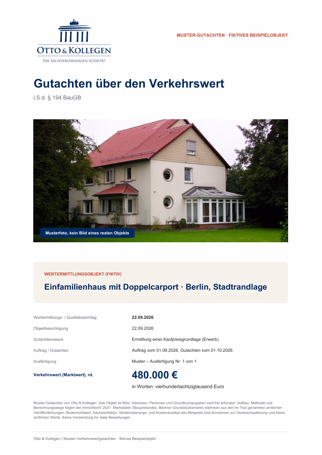 Deckblatt des Mustergutachtens mit Foto des Hauses, Stichtag und Verkehrswert.