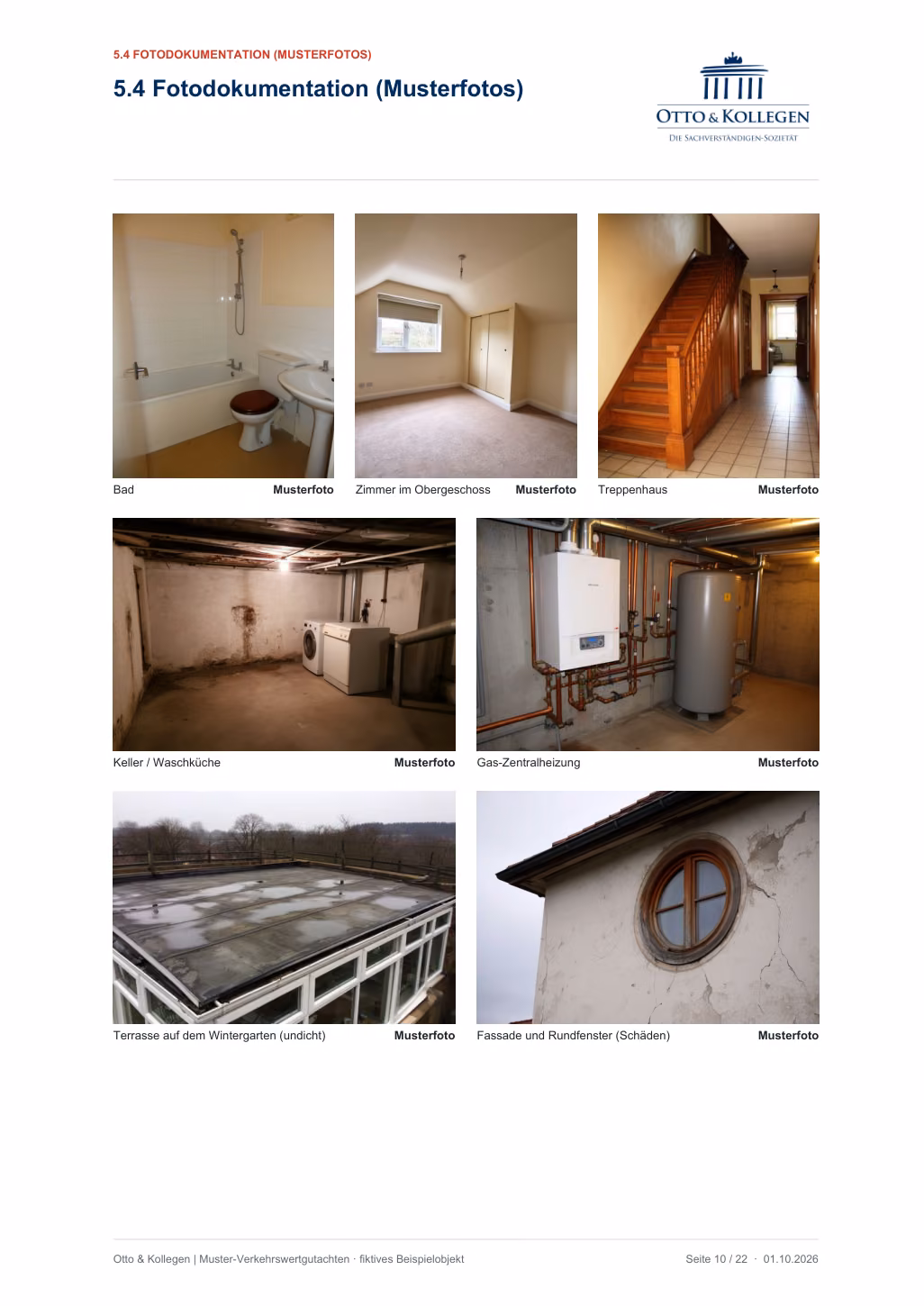 Fotodokumentation des Mustergutachtens mit acht Aufnahmen von Räumen, Technik und Fassade.