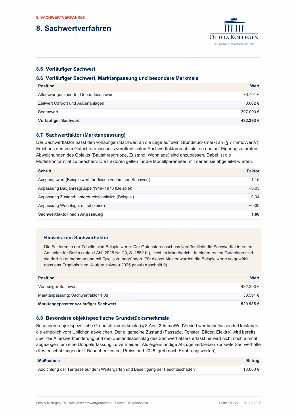 Seite Sachwertverfahren des Mustergutachtens mit Tabellen zu Sachwert und Marktanpassung.