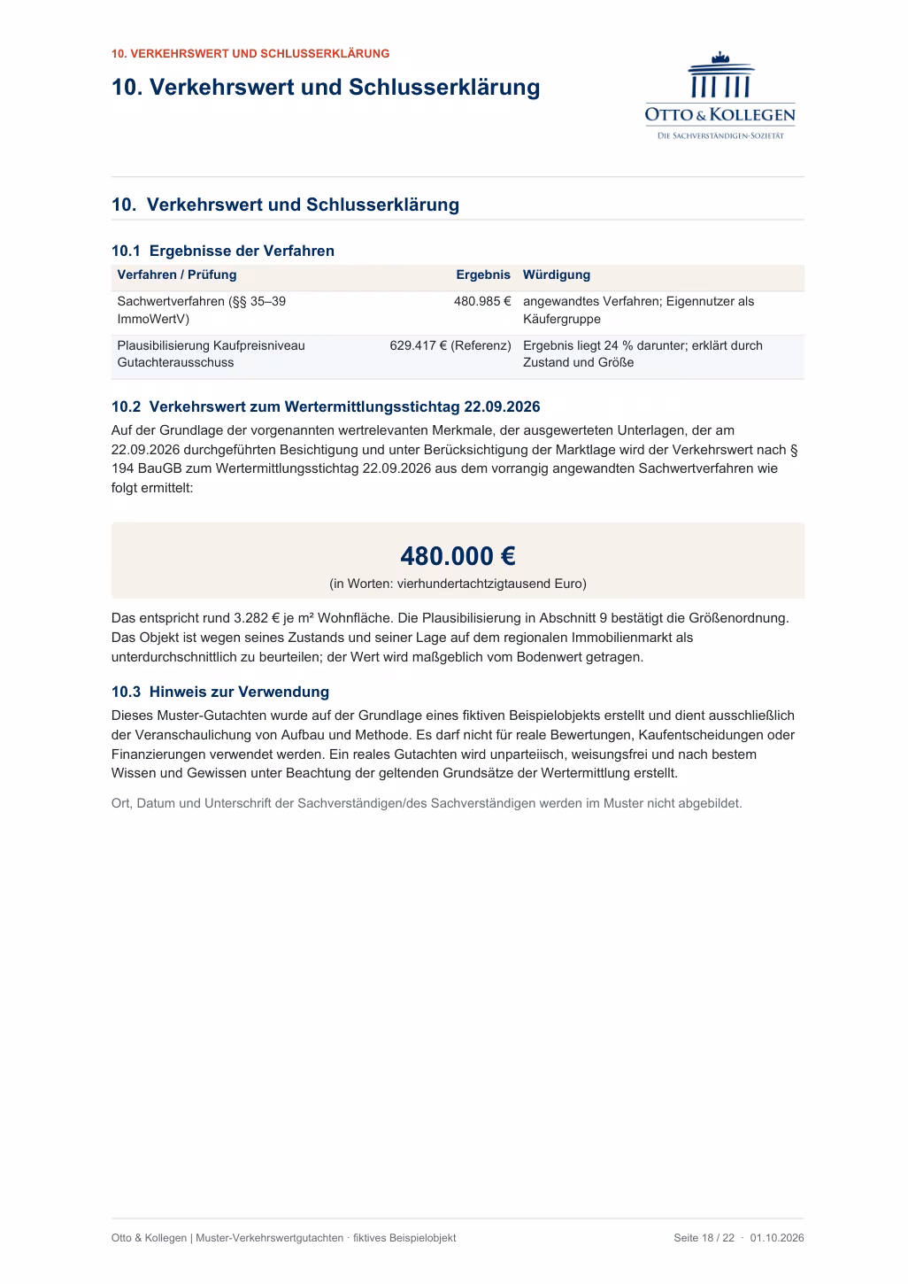 Seite Verkehrswert und Schlusserklärung des Mustergutachtens.
