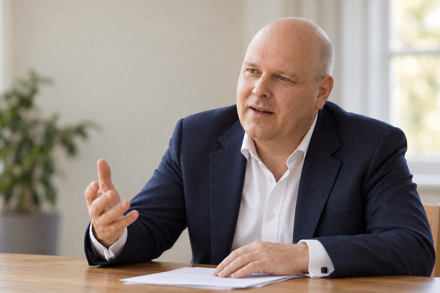 Mirko Otto erklärt etwas am Tisch, vor ihm einige Seiten Papier
