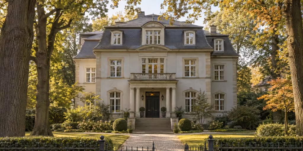 Villa aus der Zeit um 1910 mit hellem Putz, Mansarddach und Freitreppe in einem Park mit alten Bäumen, davor ein schmiedeeisernes Gartentor.