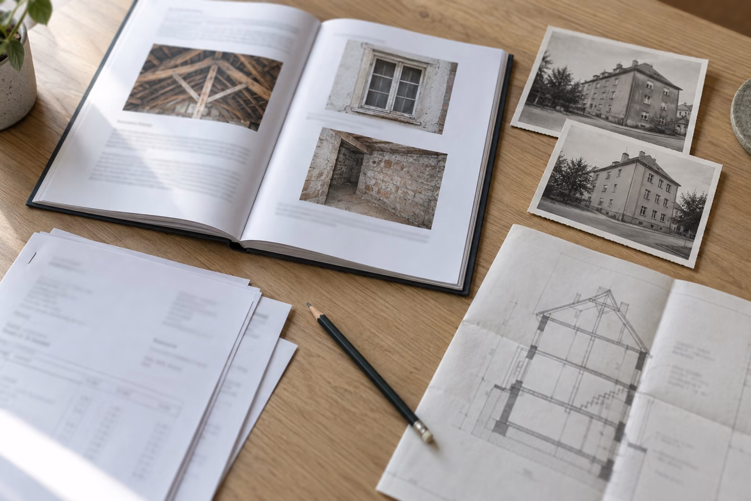 Aufgeschlagener Bericht mit Fotos von Dachstuhl, Fenster und Mauerwerk, daneben ältere Aufnahmen eines Mietshauses und ein Schnittplan.