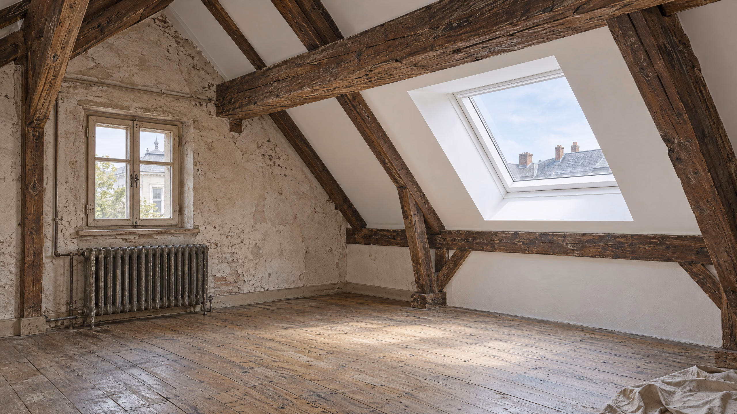 Illustratives Dachgeschoss desselben Hauses: ein neues Dachfenster mit frischem Putz zwischen alten Dachbalken, alter Dielenboden und alter Heizkörper.