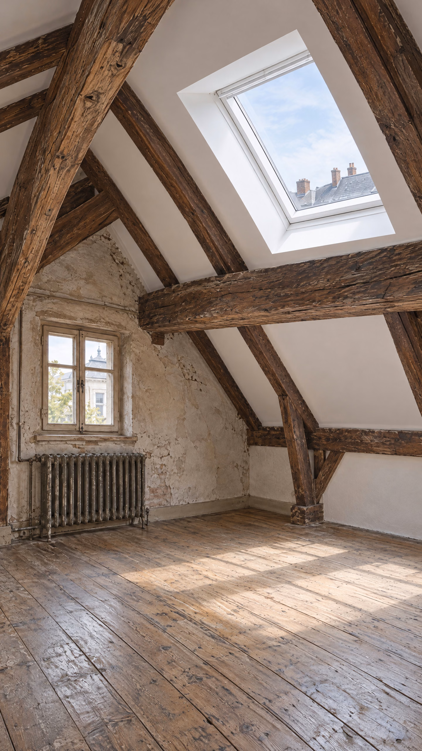 Dasselbe illustrative Dachgeschoss im Hochformat: neues Dachfenster zwischen alten Balken über altem Dielenboden.