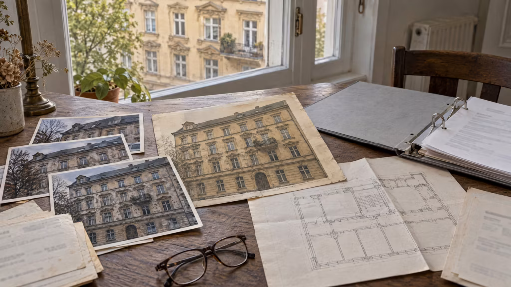 Illustrativer Tisch mit alten Fotos des Hauses in früherem Zustand, Rechnungen, Baubeschreibung, Grundriss und einem Ordner.