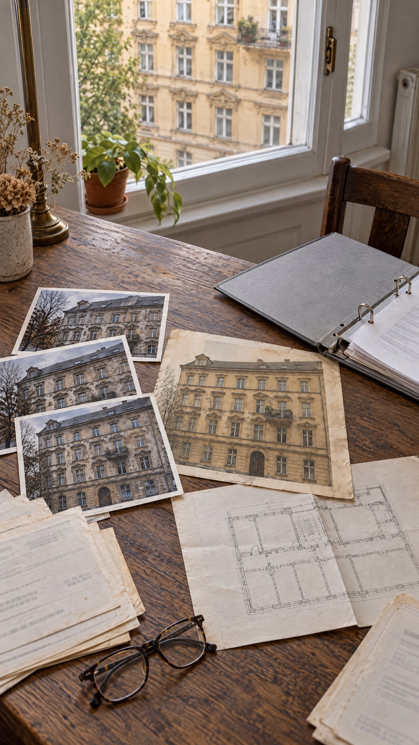 Dieselben illustrativen Unterlagen im Hochformat: alte Fotos des Hauses, Rechnungen, Grundriss und Ordner auf dem Tisch.