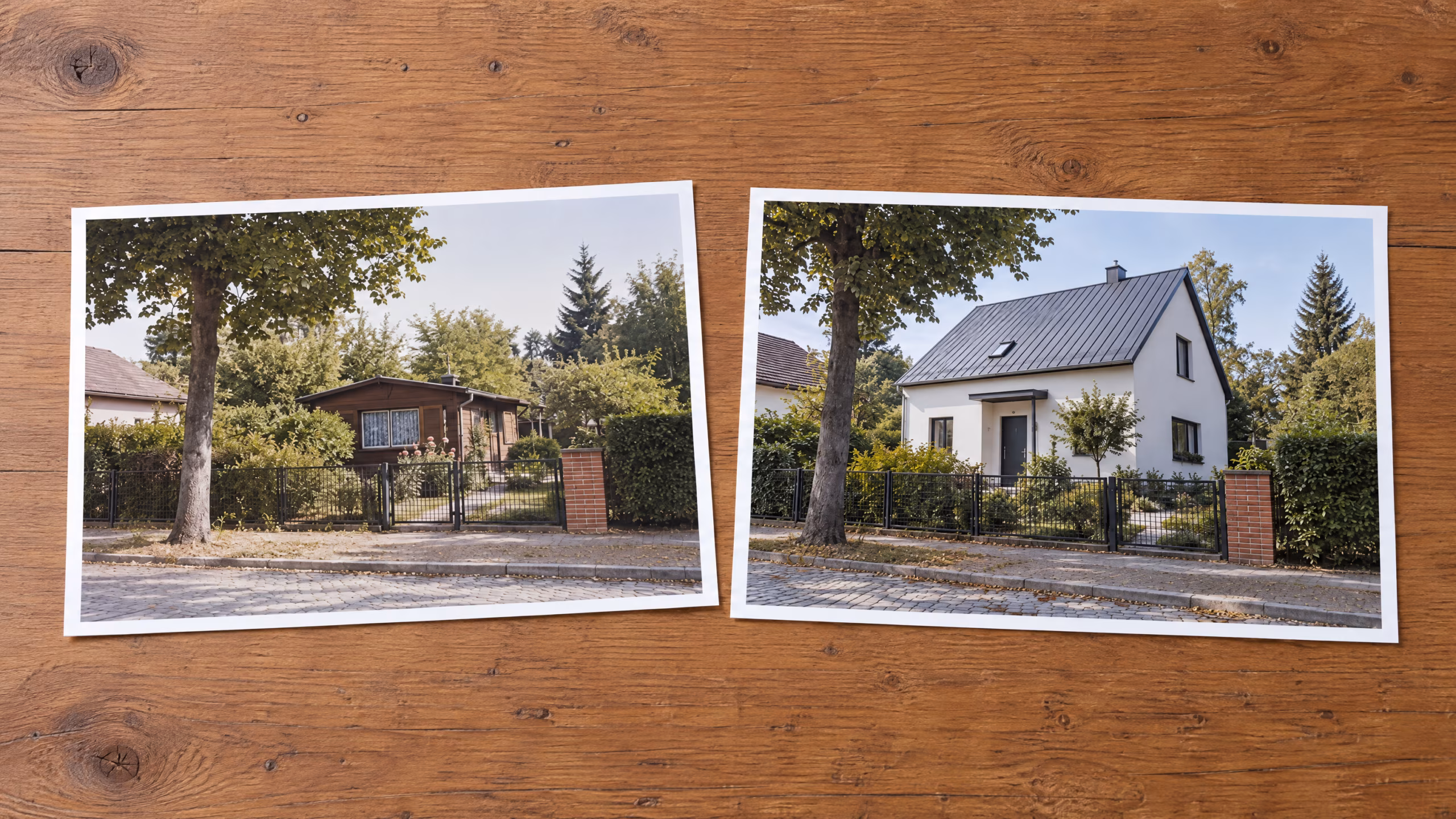 Zwei Fotoabzüge auf einem Holztisch: links das Grundstück mit einer Laube, rechts dasselbe Grundstück mit dem späteren Haus.