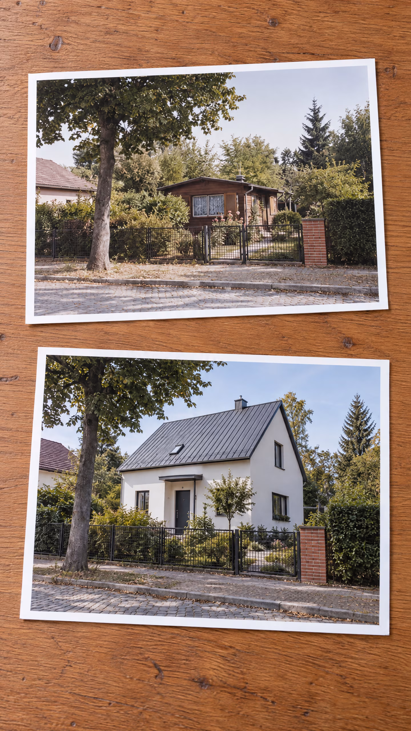 Zwei Fotoabzüge untereinander auf einem Holztisch: oben das Grundstück mit einer Laube, unten dasselbe Grundstück mit dem späteren Haus.