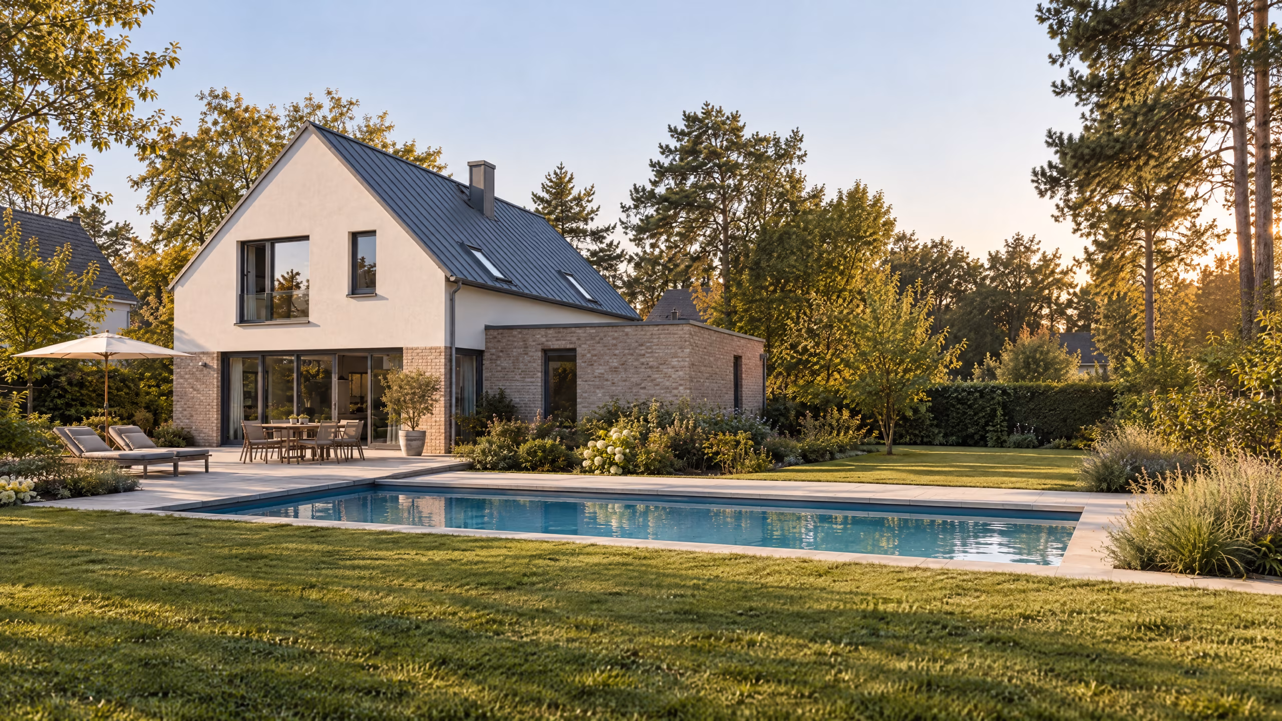 Modernes Wohnhaus mit grauem Zinkdach, Terrasse und Schwimmbecken im Garten bei Abendlicht.