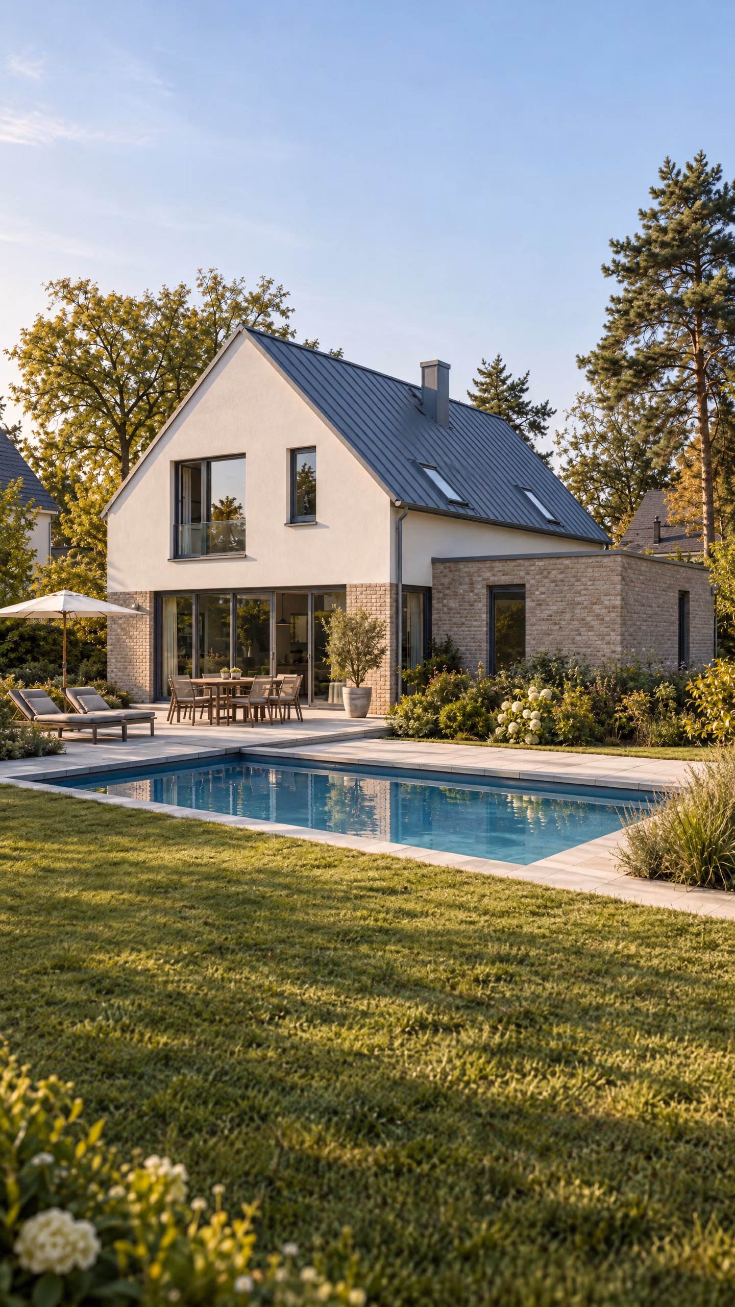 Dasselbe Wohnhaus im Hochformat mit Terrasse, Schwimmbecken und Rasen.