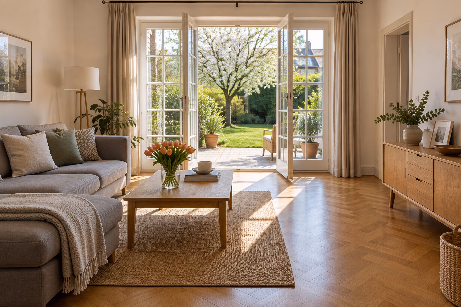 Helles, aufgeräumtes Wohnzimmer eines Hauses mit geöffneter Terrassentür zum Garten, bereit für Besichtigungen.