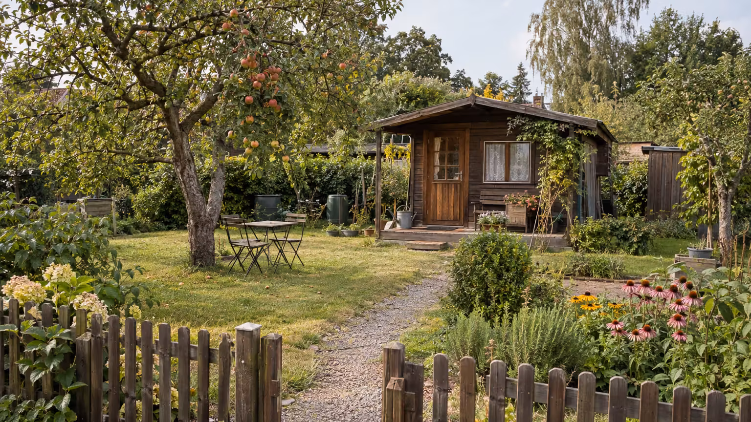 Gartengrundstück mit einer kleinen Holzlaube, Obstbaum, Rasen und Kiesweg hinter einem Zaun.