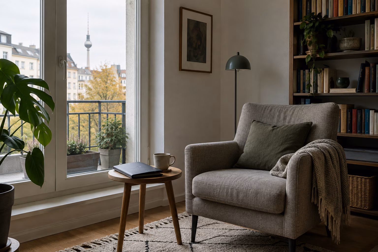 Ruhige Zimmerecke mit Sessel am Fenster, Beistelltisch mit Tasse und geschlossener Mappe, Blick auf Berliner Häuser.