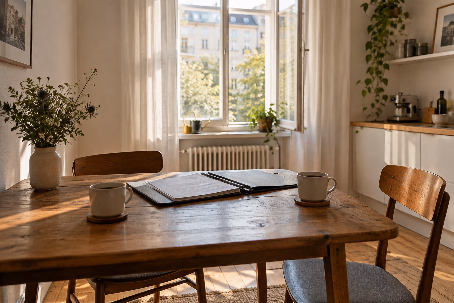 Heller Küchentisch in einer Berliner Altbauwohnung mit zwei Kaffeetassen einander gegenüber und einer aufgeschlagenen Mappe mit Unterlagen.