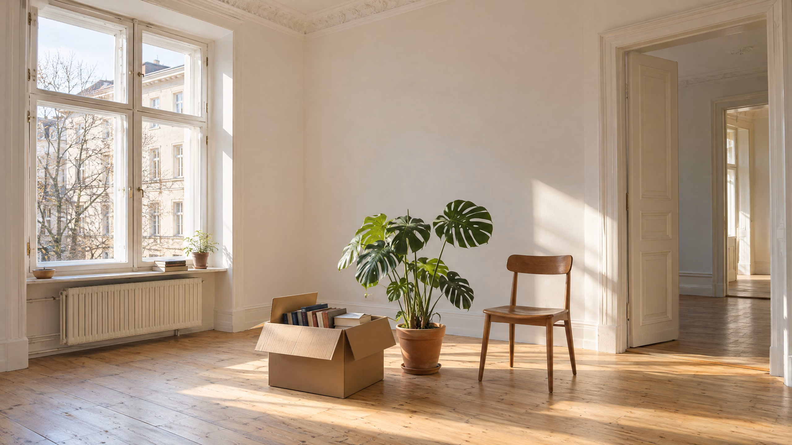 Heller, frisch bezogener Raum in einer Berliner Altbauwohnung im Morgenlicht: eine offene Umzugskiste mit Büchern, eine Pflanze und ein Holzstuhl auf Dielen.