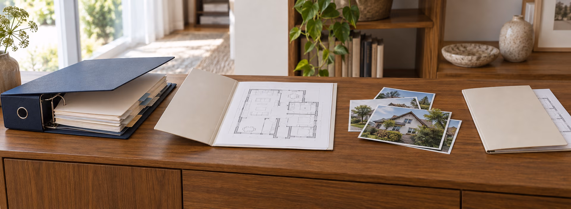 Auf einem Holzsideboard liegen ein Aktenordner, eine Mappe mit Grundriss, ältere Hausfotos und eine weitere Mappe.