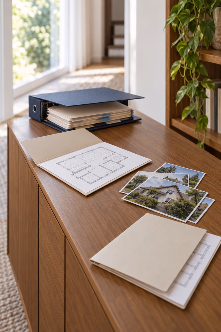 Auf einem Holzsideboard liegen ein Aktenordner, eine Mappe mit Grundriss, ältere Hausfotos und eine weitere Mappe.
