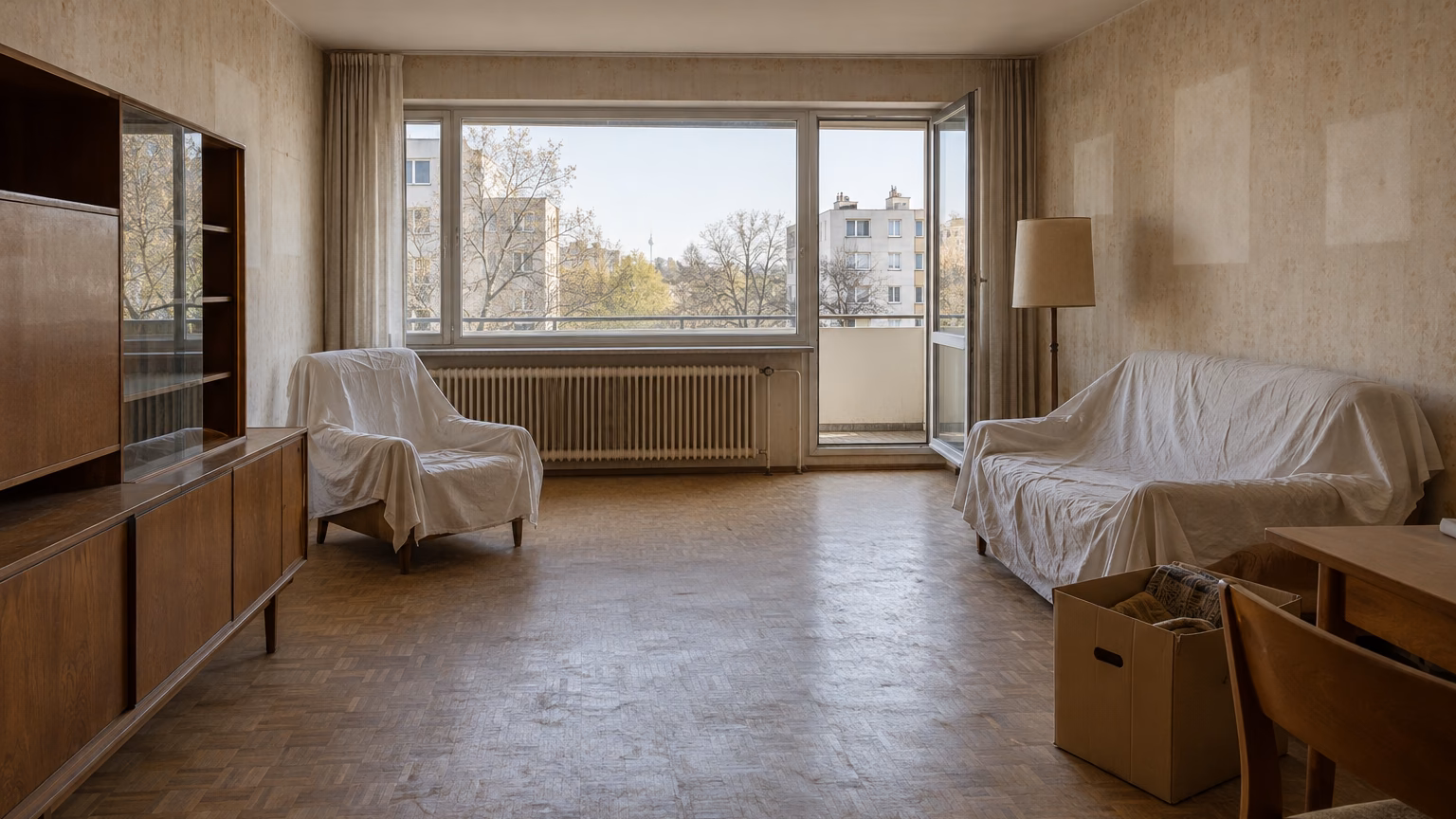 Leere, abgewohnte Wohnung in einem Haus der Nachkriegsmoderne; die Möbel sind mit weißen Tüchern abgedeckt.