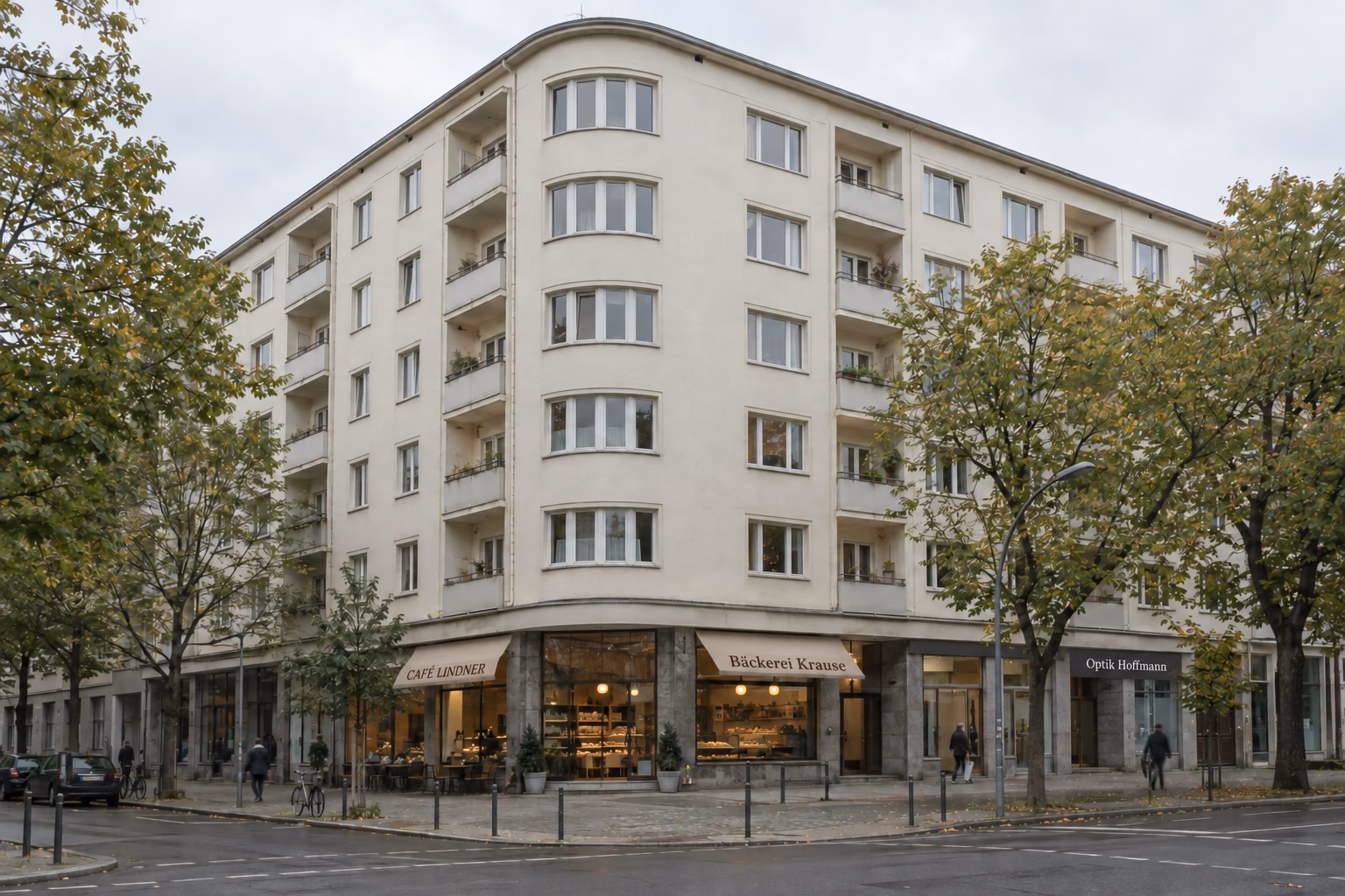 Wohn- und Geschäftshaus der Nachkriegsmoderne an einer Berliner Straßenecke, im Erdgeschoss ein Café, eine Bäckerei und ein Optiker.