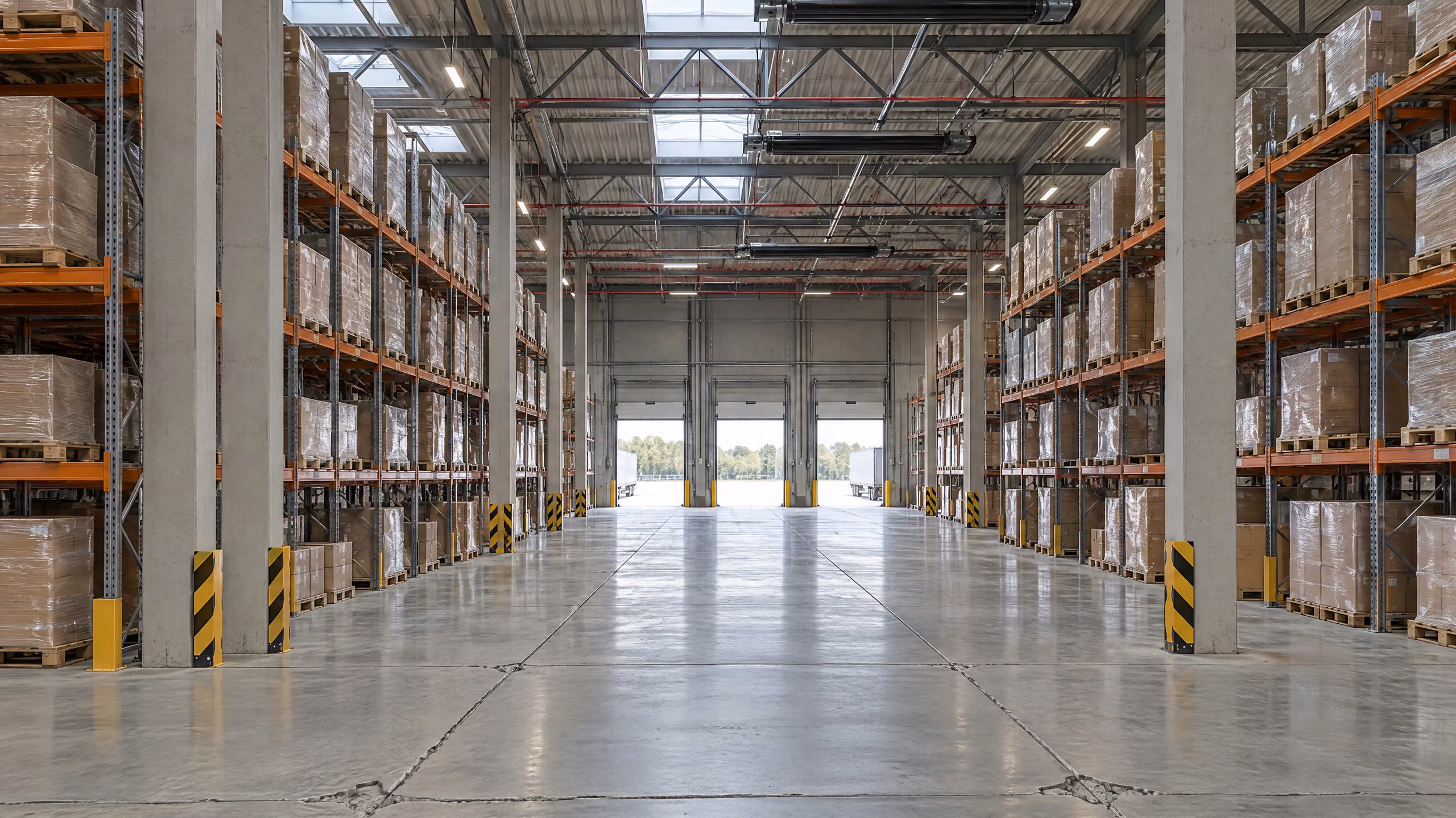 Blick durch die Regalgasse einer Logistikhalle: Betonstützen mit Anfahrschutz, Hallenboden mit Fugen und ausgebrochenen Kanten, unter dem Dach Sprinklerleitungen und Heizstrahler, am Ende offene Verladetore.