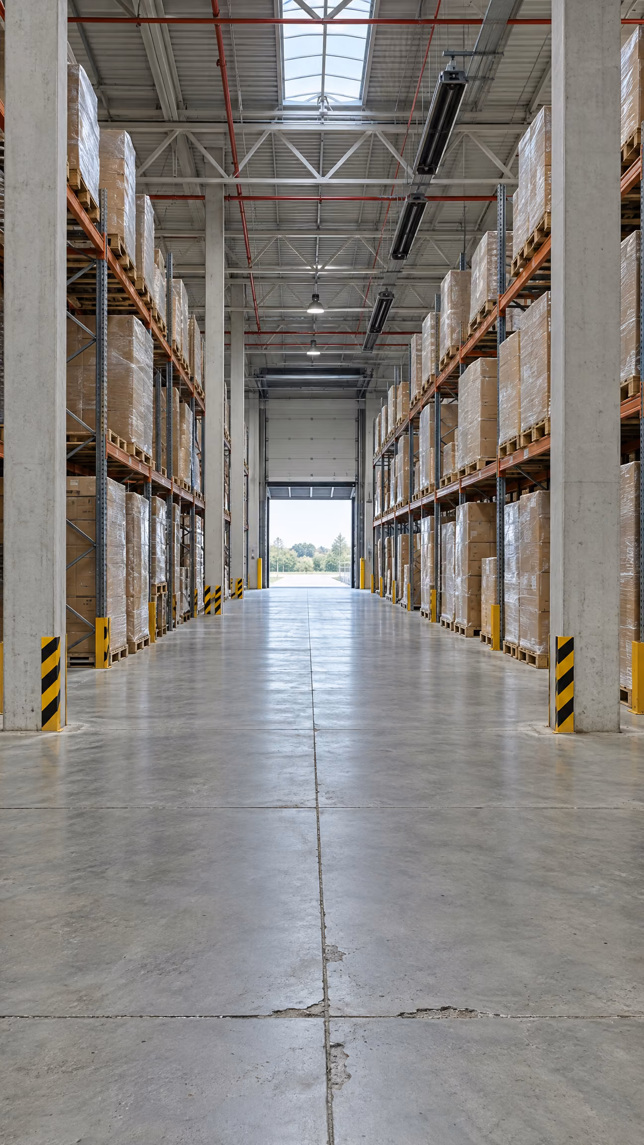 Blick durch die Regalgasse einer Logistikhalle: Betonstützen mit Anfahrschutz, Hallenboden mit Fugen, unter dem Dach Sprinklerleitungen und Heizstrahler, am Ende ein offenes Verladetor.