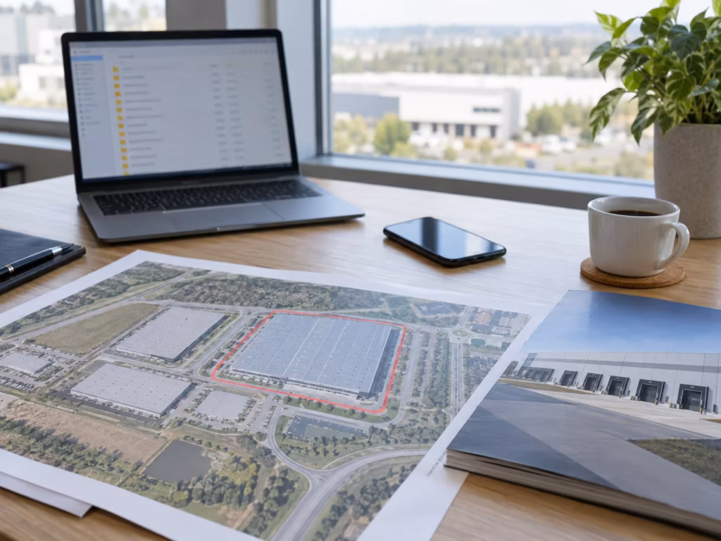 Schreibtisch am Fenster mit aufgeklapptem Laptop, einem gedruckten Luftbild eines Logistikparks mit rot markierter Halle, einem Verkaufsprospekt und einer Kaffeetasse.