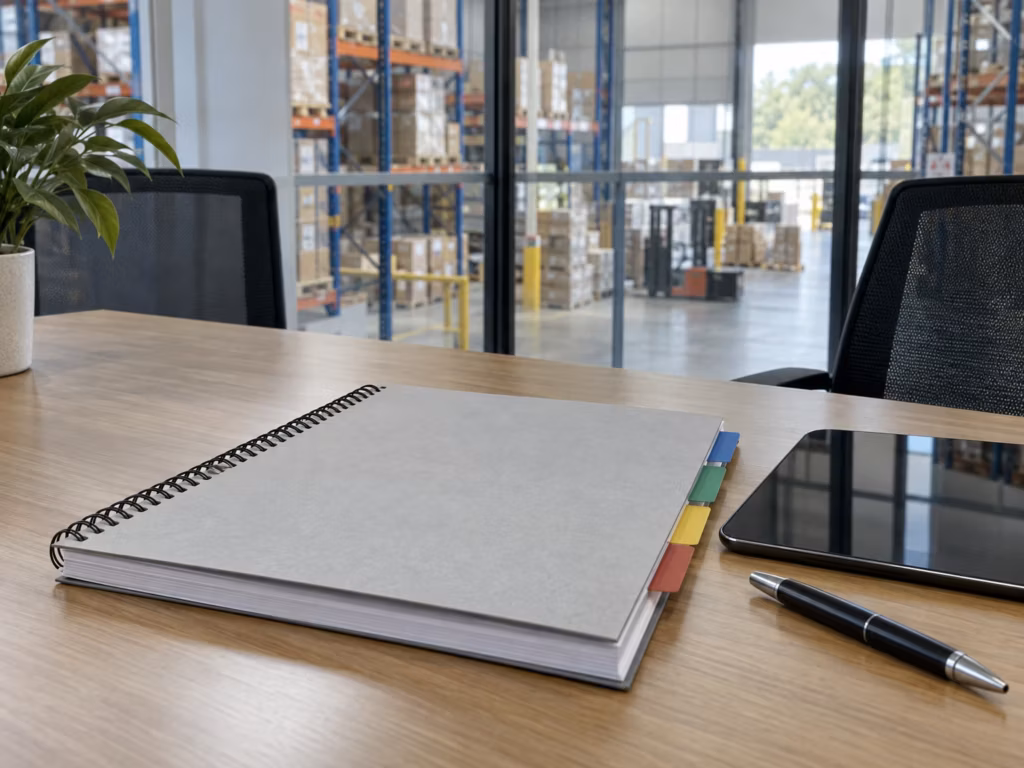 Gebundener Bericht mit farbigen Registern auf einem Besprechungstisch, daneben Tablet und Stift; hinter der Glaswand die Hochregale der Halle.