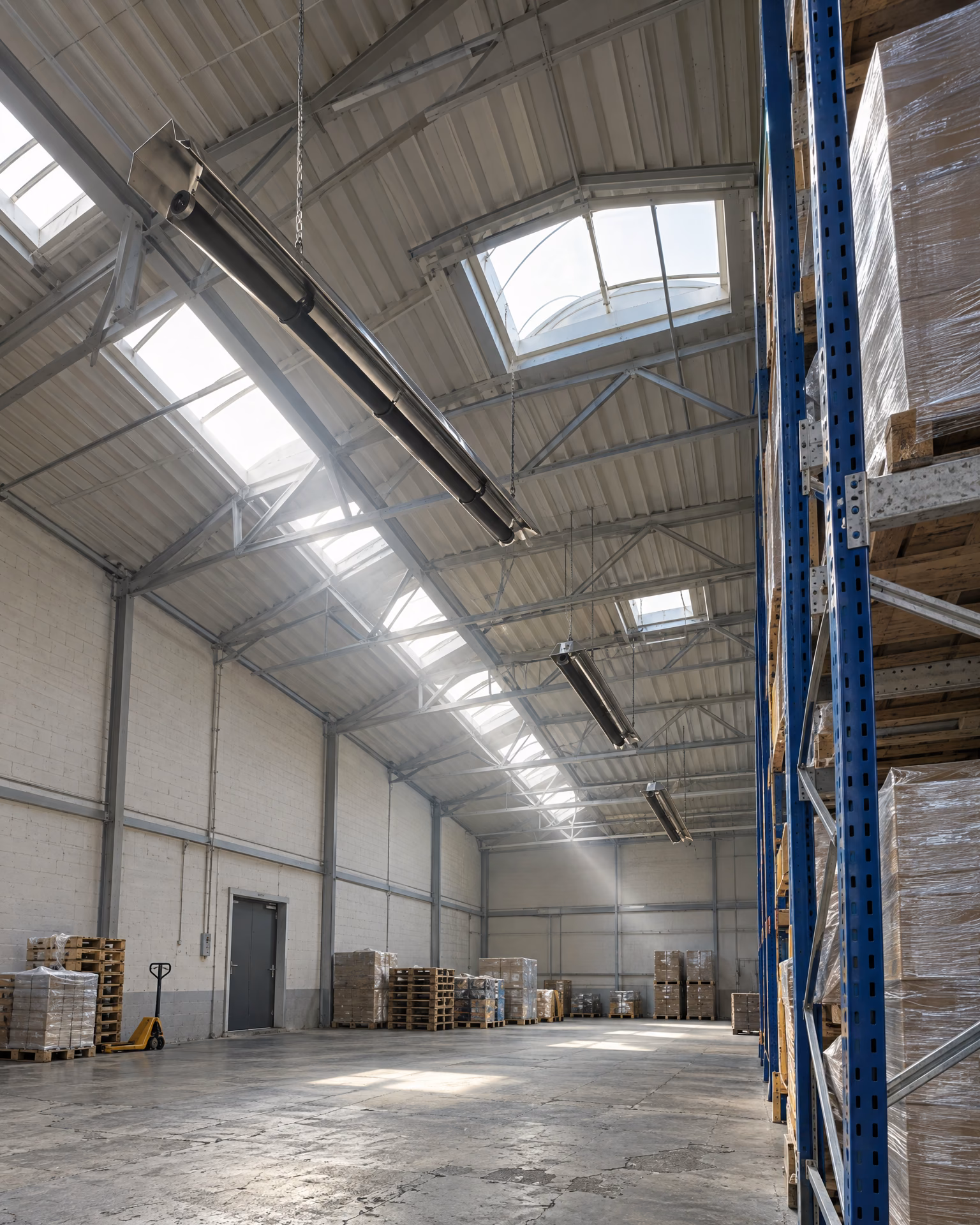 Innenraum einer älteren Lagerhalle: rechts ein hohes blaues Palettenregal mit verpackter Ware, unter dem Stahldach lange Gas-Dunkelstrahler und Lichtkuppeln, durch die Tageslicht auf den geflickten Betonboden fällt.