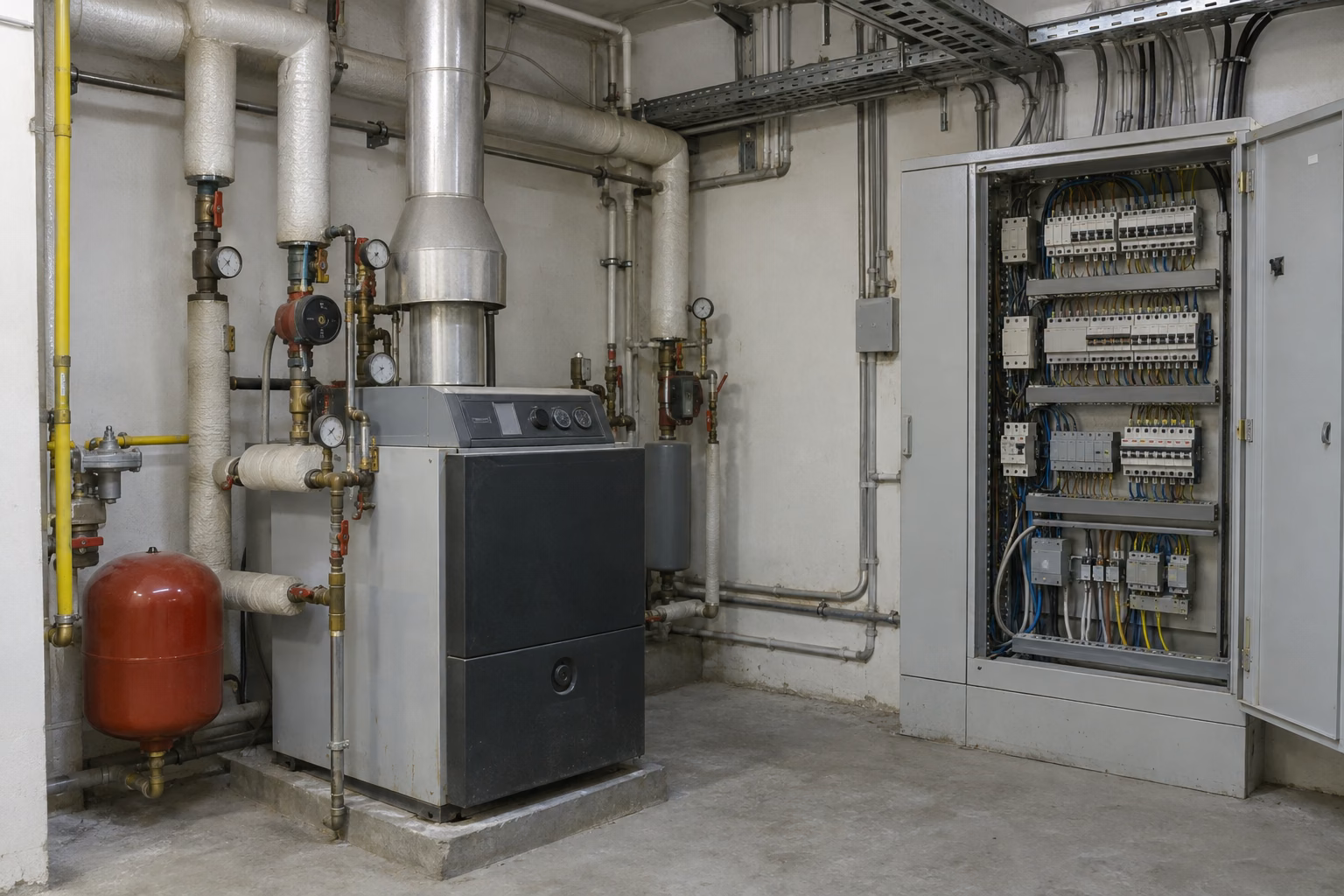Technikraum eines Gewerbebaus mit älterem Gas-Heizkessel, Rohrleitungen, Manometern und rotem Ausdehnungsgefäß, daneben ein offener Elektroverteiler.