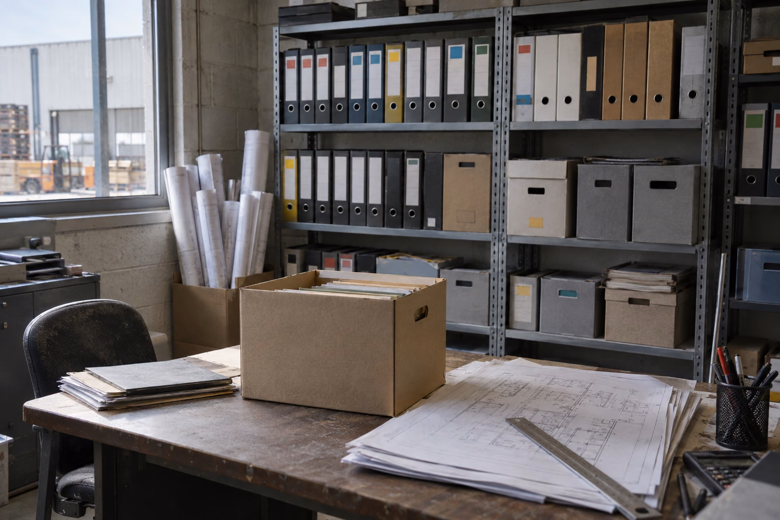 Kleines Büro in einer Lagerhalle mit einem Regal voller Aktenordner und Archivkartons, gerollten Plänen und einem offenen Karton mit Unterlagen auf dem Tisch.
